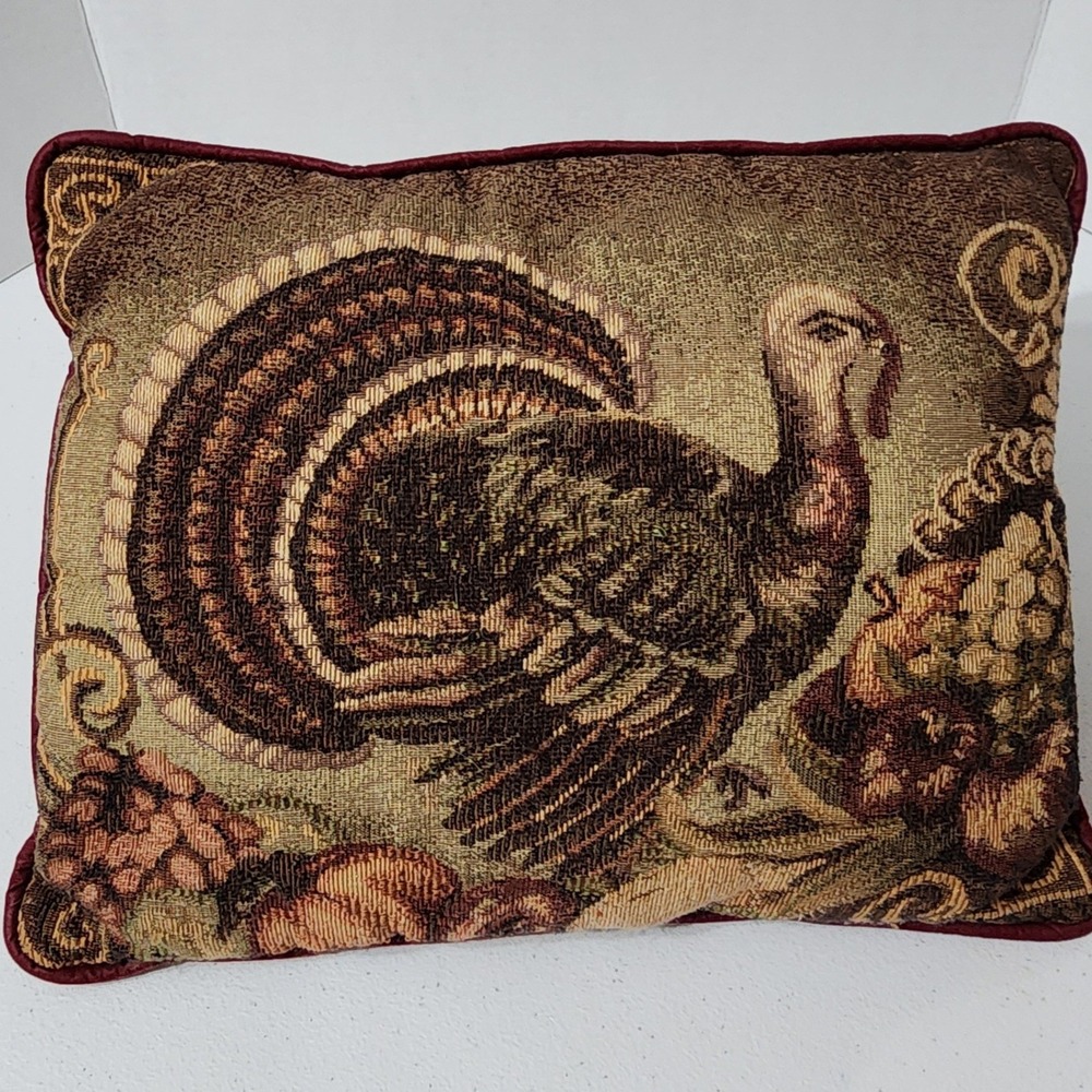 Vintage Thanksgiving Turkey Tapestry Accent Pillow Autumn Harvest Decor 14x10